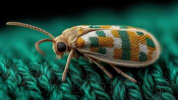 Colorful moth rests on a knitted fabric revealing intricate patterns and details in natural light photo