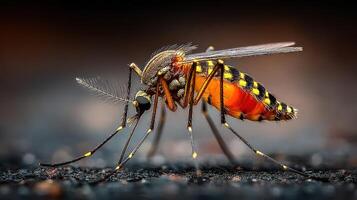 Close-up of a vibrant mosquito showing intricate details in its orange and black markings during a warm summer evening photo