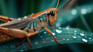Close-up view of an orange and blue grasshopper resting on a green leaf with water droplets in a lush garden setting photo