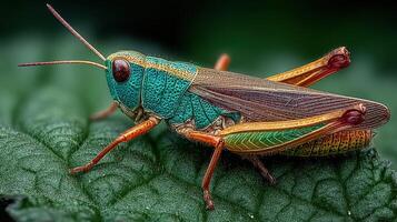 Colorful grasshopper resting on green leaf in natural habitat under gentle sunlight photo