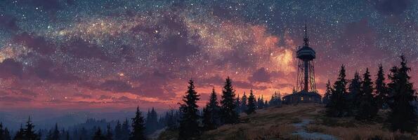 Starlit landscape with a lookout tower in the mountains during twilight hours photo