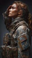 Soldier in military uniform saluting with determination during training in a dimly lit environment photo