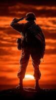 Soldier saluting at sunset with American flag, symbolizing honor and sacrifice in a dramatic sky photo