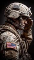 Soldier in camouflage uniform saluting with American flag patch during desert operations at sunset photo
