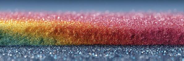 Colorful glitter texture in a soft gradient with hues of red, orange, yellow, green, blue, and purple against a dark background photo
