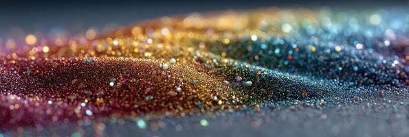 Colorful glitter arranged in waves glimmers under soft light creating a mesmerizing visual effect photo