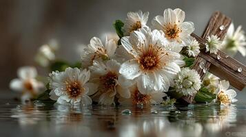 Flowers and a wooden cross arranged beautifully in water with droplets, symbolizing peace and reflection for a serene moment photo