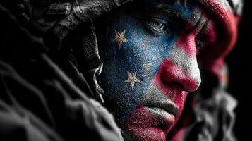 Soldier with face paint reflecting national colors in a tense moment of contemplation during a military training exercise photo