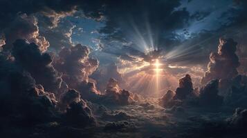 Dramatic clouds illuminated by rays of sunlight create a breathtaking view at dawn photo