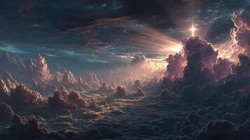 Majestic clouds illuminated by sunlight during dawn over the ocean horizon photo