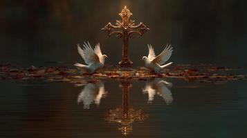 Two doves fly beside a golden cross in a serene water setting during twilight photo