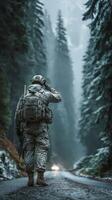 Soldier saluting on a snowy road surrounded by tall trees during early morning mist in a serene forest photo