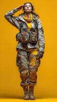 Military personnel saluting against a bright yellow background in tactical gear during a training exercise photo
