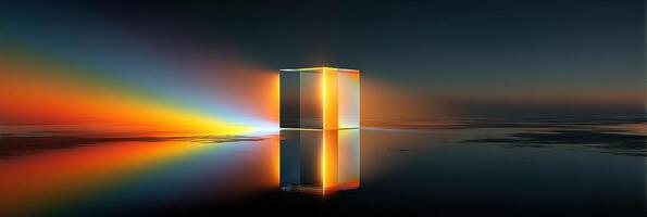 Light interacts with a reflective cube over a tranquil surface during sunset in a captivating display photo