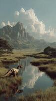 Dinosaur walking through a tranquil wetland with mountains in the background during a clear day photo