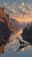 Dinosaur standing by tranquil river at sunset in a surreal landscape with reflections photo