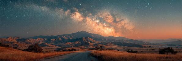 Vibrant night sky capturing the Milky Way over a rural road and mountains during twilight hours photo