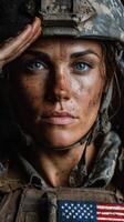 Portrait of a soldier with a determined expression and mud-streaked face in a military setting photo