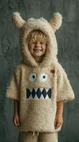 Child wearing a fluffy monster hoodie poses happily in a studio with gray textured background photo