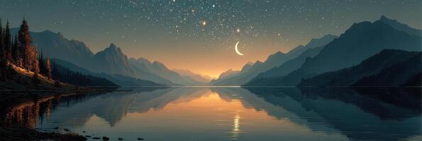 Scenic twilight over a tranquil lake with mountains and a crescent moon reflecting in the water photo