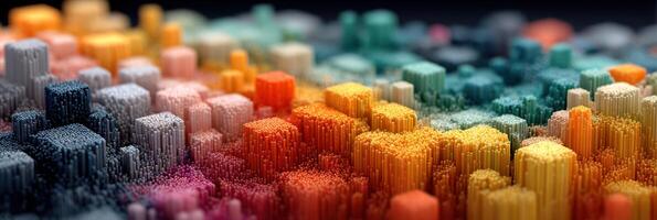 Colorful 3D representation of audio frequencies with vibrant blocks showing sound dynamics in a digital visualization photo