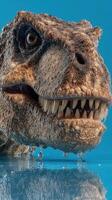 Realistic dinosaur head submerged in water with droplets against a bright blue background photo