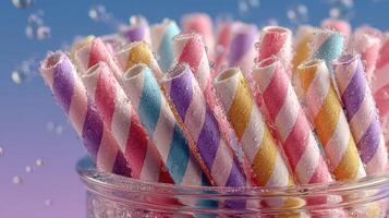 Colorful striped paper straws submerged in bubbles in a clear glass jar with a vibrant background photo