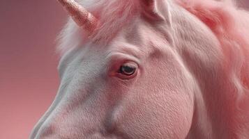 Elegant pink unicorn with a shimmering mane in a soft pastel background during a whimsical art presentation photo