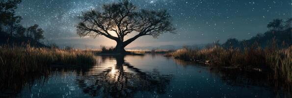 Starry night sky with a solitary tree reflecting in a serene water body during twilight photo
