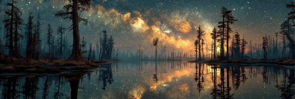 Stars illuminate a tranquil lake surrounded by trees at dawn with vivid reflections of the Milky Way photo