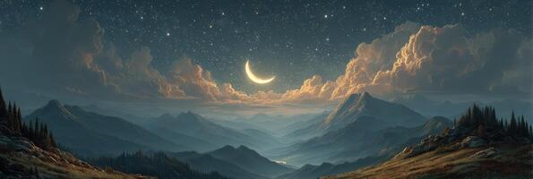 Moonlit landscape under a starry sky with mountains and clouds at dusk in the serene wilderness photo