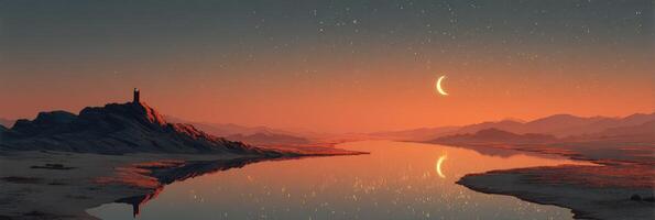 Stunning twilight over a serene lake with a crescent moon illuminating the mountains photo