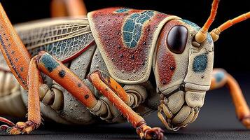 Detailed close-up of a colorful grasshopper showcasing intricate patterns and textures in a natural setting photo