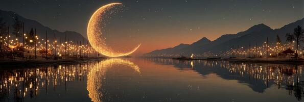 Stunning crescent moon lights up a tranquil river during twilight in a serene mountain landscape photo