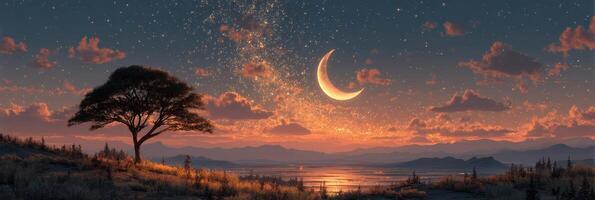 Night sky illuminated by crescent moon and sparkling stars over tranquil lake landscape at dusk photo