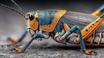 Close-up view of a colorful grasshopper with intricate details and vibrant patterns on its body in a natural setting photo
