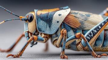 Close-up view of a colorful grasshopper on a smooth surface in natural lighting photo
