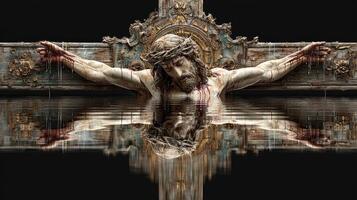 Christian sculpture of crucified figure in a reflective water setting with intricate details at noon photo