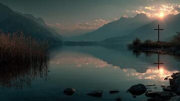 Sunrise over tranquil lake with mountain backdrop and cross silhouette photo