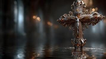 Intricately designed metallic cross reflecting in tranquil water within a dimly lit environment photo