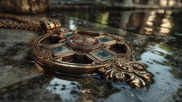 Detailed close-up of an ornate gold pendant resting on a wet stone surface surrounded by greenery in a tranquil setting photo