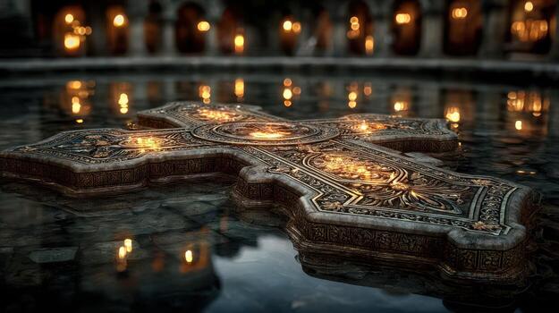 Cross adorned with intricate carvings floats on water surrounded by flickering lights at dusk photo