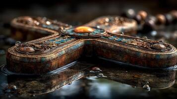 Ornate cross resting in still water with delicate reflections and beads nearby in dim lighting photo