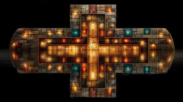 Intricate stone cross design with illuminated patterns reflecting on calm waters at twilight photo