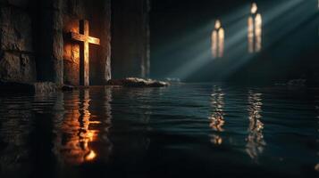 Cross illuminated by light in a dimly lit, flooded chapel during early morning hours photo