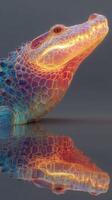Colorful crocodile illustration reflecting vibrant light in a serene water setting at dusk photo