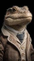 Lizard dressed in formal attire poses confidently against a dark background, showcasing unique fashion style and character photo