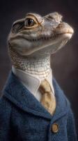 Lizard dressed in formal attire with a blue suit and gold tie showcasing a unique fashion moment photo