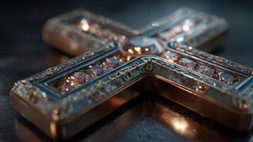 Intricately designed cross resting on a reflective surface showcasing detailed craftsmanship and gleaming embellishments photo