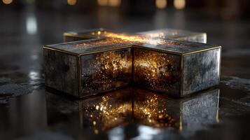 Intricate metallic structure with golden patterns shines on reflective surface in modern art installation photo